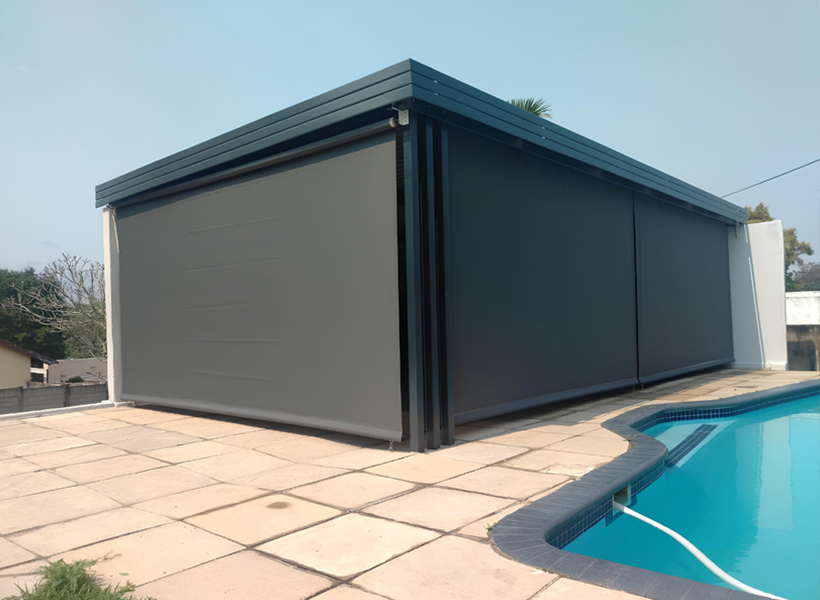 Outdoor roll down blinds for sun and wind protection