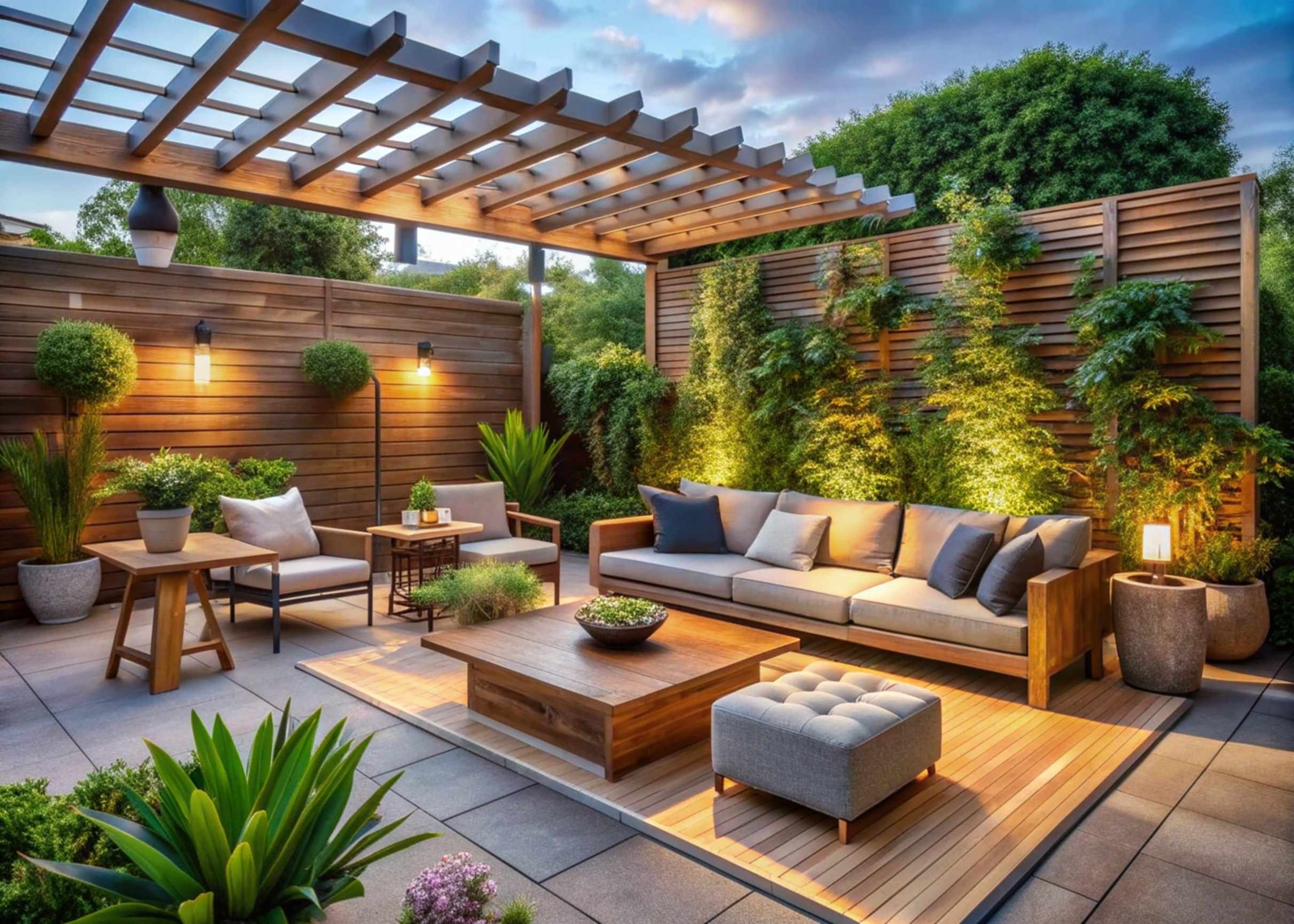 A beautiful modern backyard with greenery and a pergola above a seating area